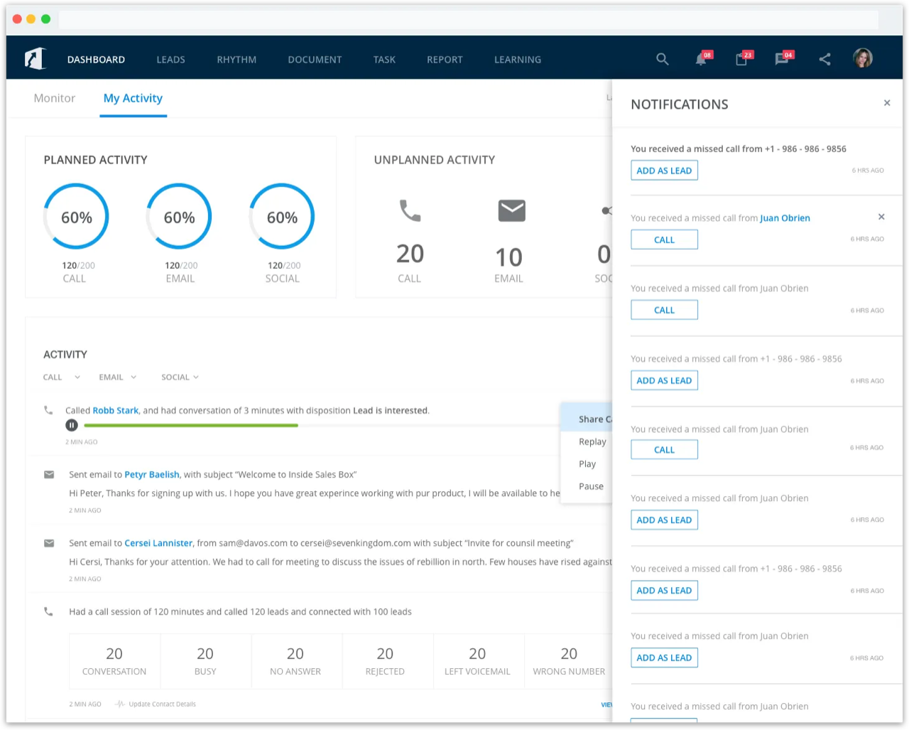 Dashboard My Activity view showing inbound notifications panel requiring action before dismissal
