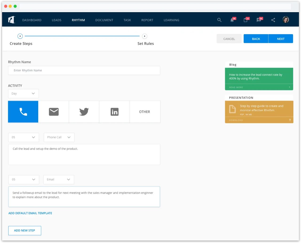 Rhythm creation wizard — Create Steps and Set Rules interface for building standardized outreach workflows