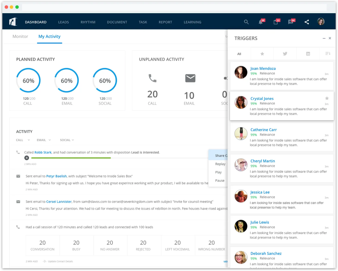 My Activity dashboard with Triggers panel showing leads posting relevant social media content matched by keyword