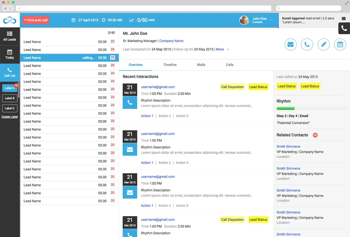 InsideSalesBox before redesign — old interface showing call list and lead detail with interaction history