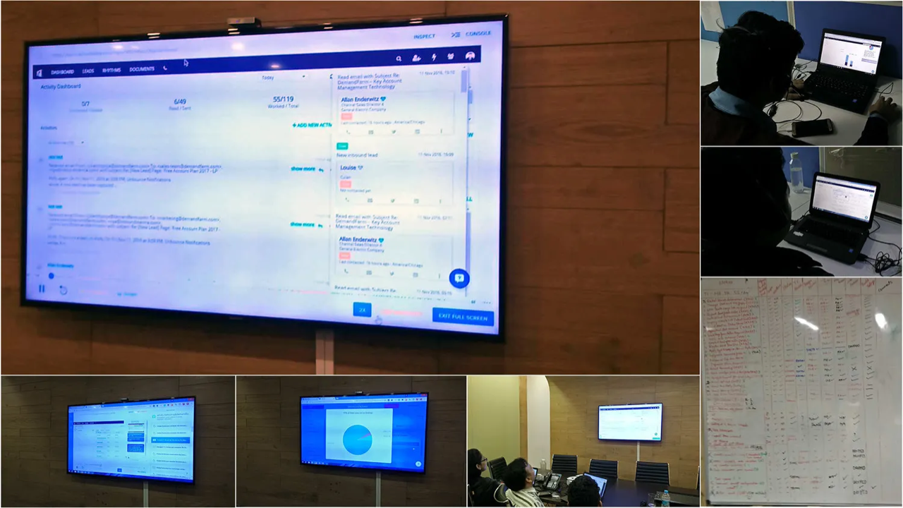 User testing sessions — screen projections, participants around conference table, and whiteboard analysis notes