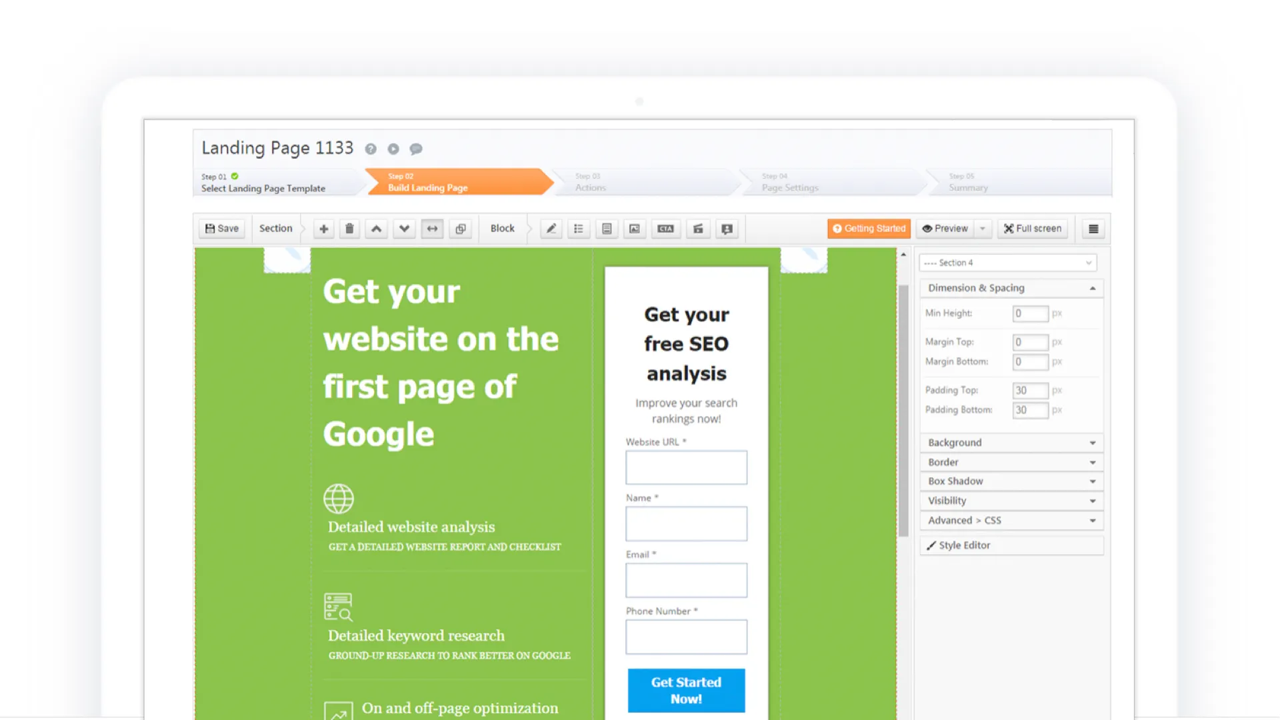 LeadSquared landing page designer — drag-and-drop builder with template, sections, blocks, and style controls