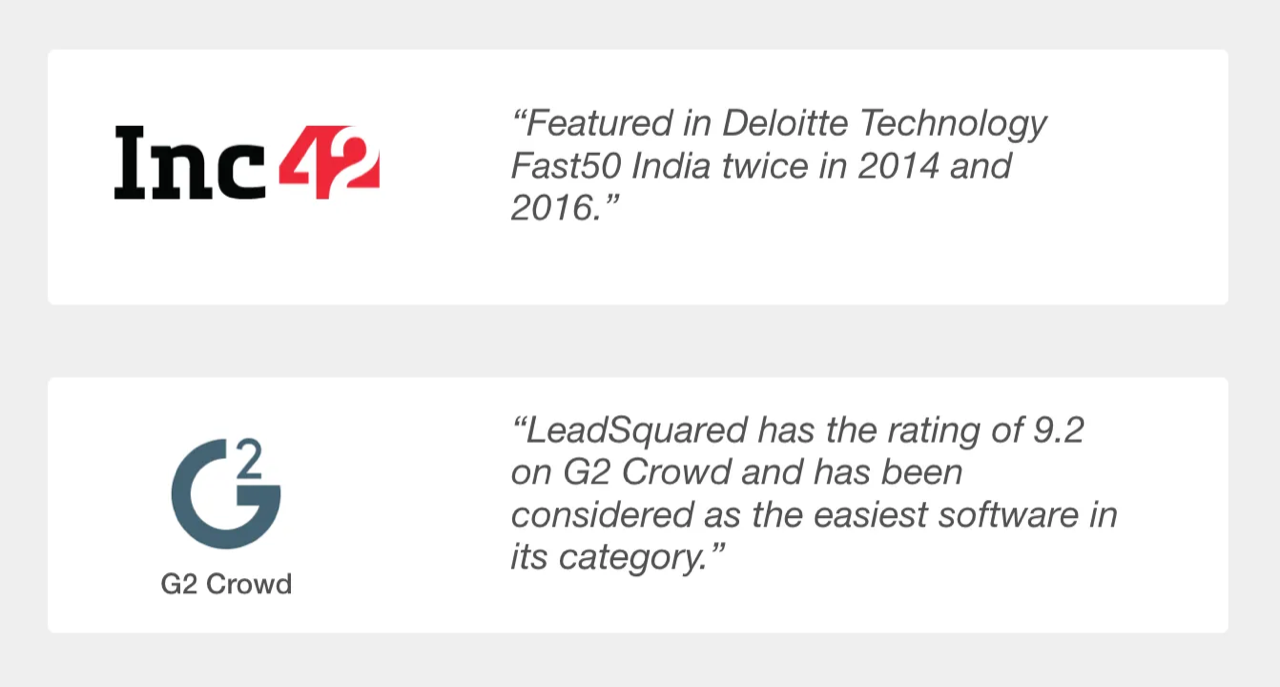 Inc42 and G2 Crowd recognition — Featured in Deloitte Technology Fast50 India, rated 9.2 on G2 Crowd as easiest software in its category