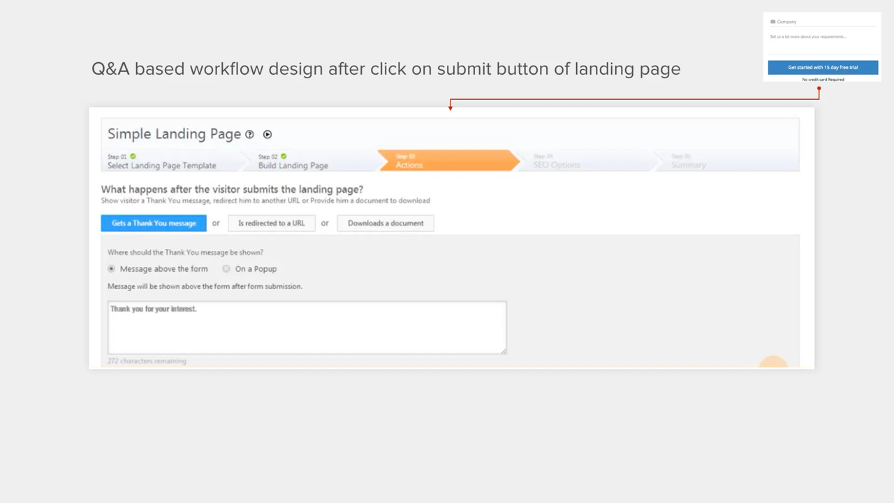 Q&A based workflow design after click on submit button of landing page — Actions step choosing Thank You message, URL redirect, or document download