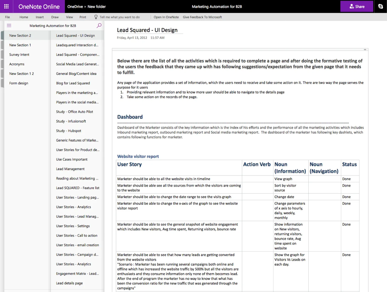 LeadSquared UI Design documentation in OneNote — user stories mapped to action verbs, nouns, and completion status