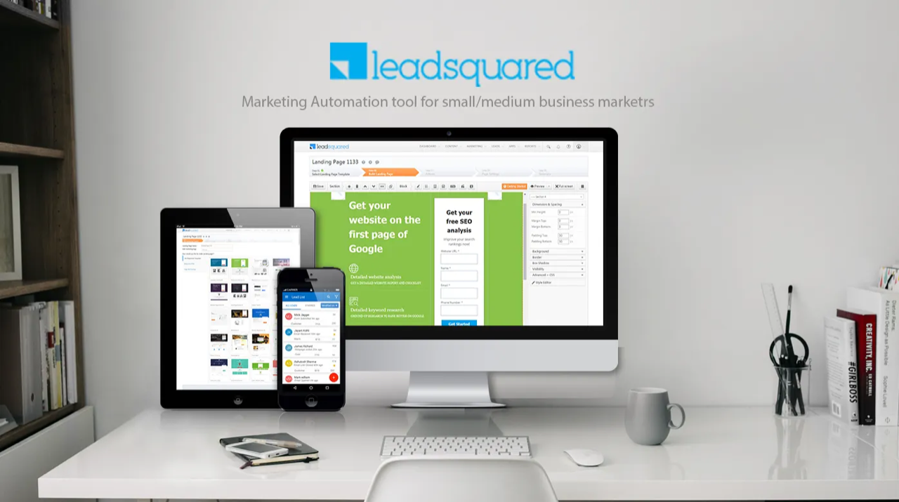 LeadSquared — Marketing Automation tool for small/medium business marketers, shown across desktop, tablet, and mobile