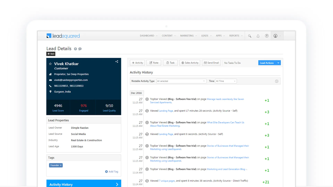 LeadSquared Lead Details — lead profile with Lead Score, Engagement rating, Activity History timeline showing every digital touchpoint