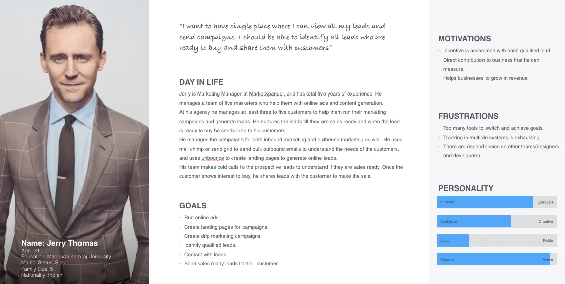 User persona — Jerry Thomas, Marketing Manager: goals, day in life, motivations, frustrations, and personality traits
