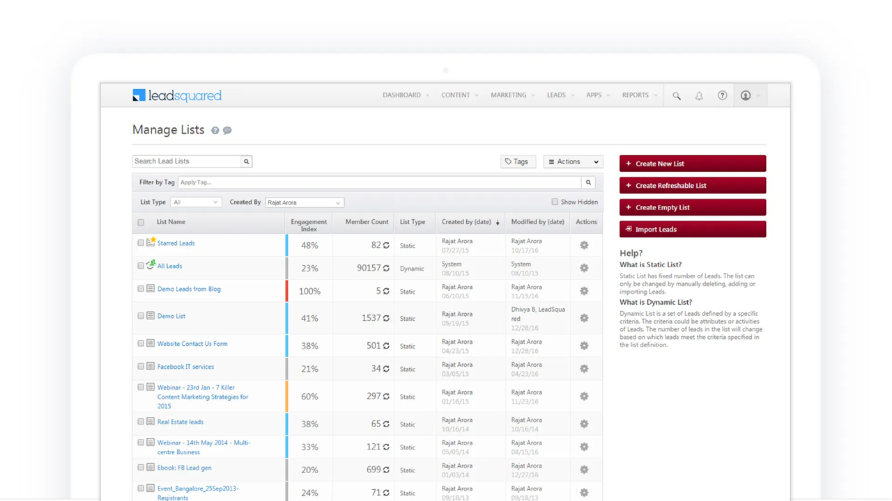 LeadSquared lead segmentation — Manage Lists view with Static and Dynamic list types, engagement index, and filter options