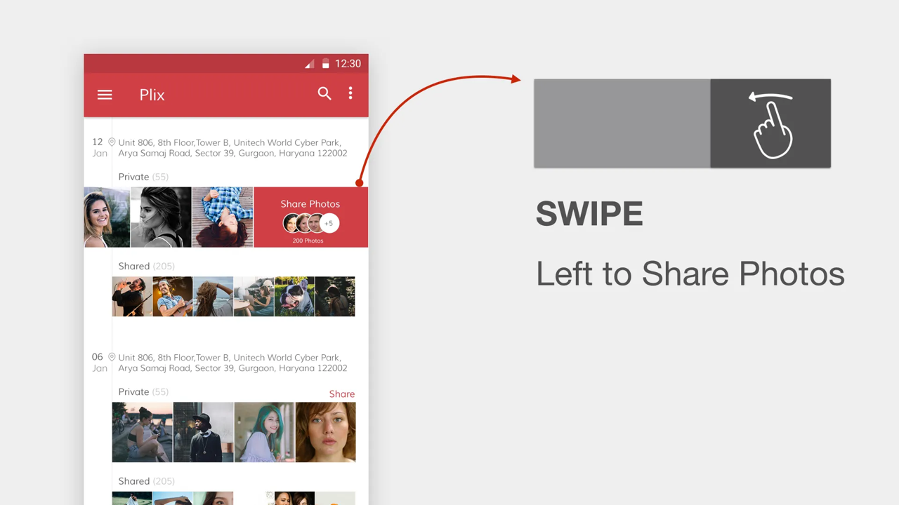 Swipe Left to Share Photos — main timeline view with location-grouped albums showing private and shared photo counts