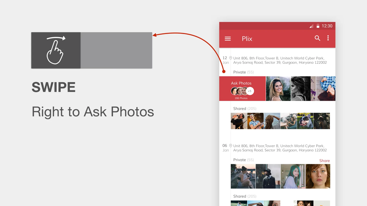 Swipe Right to Ask Photos — timeline view with Ask Photos action revealed, showing friends who took photos at the same location
