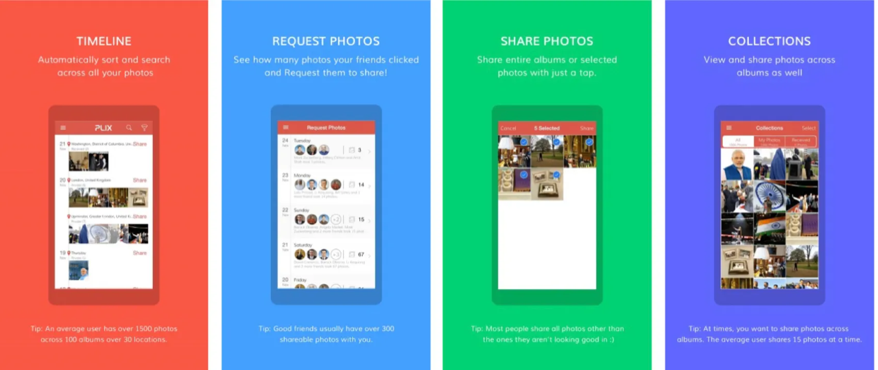 User onboarding screens — Timeline (auto-sort across all photos), Request Photos (see friends' photos and request), Share Photos (entire albums with a tap), Collections (view across albums)