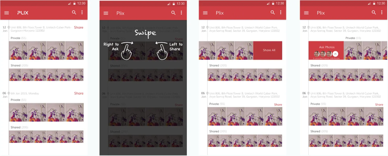 Plix app overview — main timeline, swipe tutorial overlay showing Right to Ask and Left to Share, Share All action, and Ask Photos action