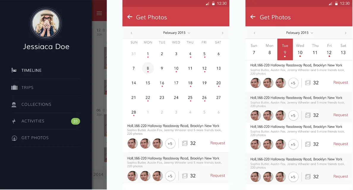 Location-based photo requests — navigation sidebar, calendar view showing dates with photos, and Get Photos list with friends who were at the same location