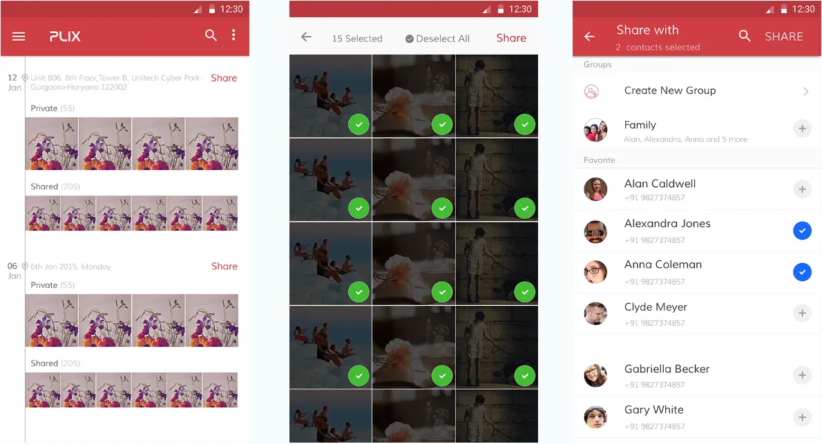 Bulk photo sharing flow — select photos from timeline, pick multiple with checkmarks, then share with contacts or groups